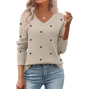 image:imageZeagoo Womens 2026 Fall V Neck Sweater Trendy Long Sleeve Casual Lightweight Ribbed Knit Pullover TopsBeige Black Heart