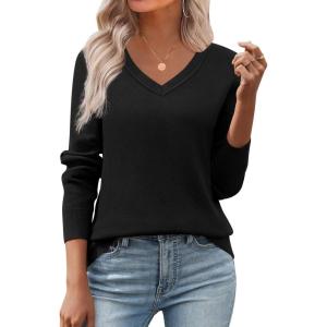 image:imageZeagoo Womens 2026 Fall V Neck Sweater Trendy Long Sleeve Casual Lightweight Ribbed Knit Pullover TopsBlack