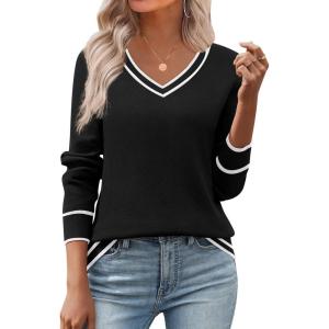 image:imageZeagoo Womens 2026 Fall V Neck Sweater Trendy Long Sleeve Casual Lightweight Ribbed Knit Pullover TopsBlack Stripe
