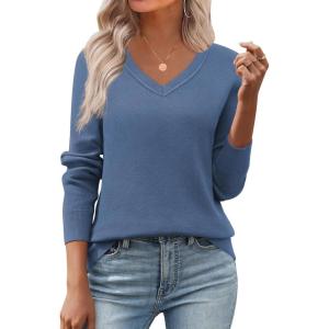 image:imageZeagoo Womens 2026 Fall V Neck Sweater Trendy Long Sleeve Casual Lightweight Ribbed Knit Pullover TopsBlue