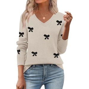 image:imageZeagoo Womens 2026 Fall V Neck Sweater Trendy Long Sleeve Casual Lightweight Ribbed Knit Pullover TopsBowknot Apricot