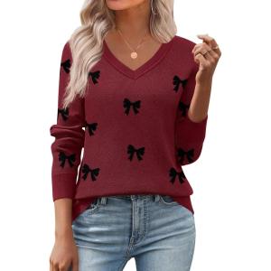 image:imageZeagoo Womens 2026 Fall V Neck Sweater Trendy Long Sleeve Casual Lightweight Ribbed Knit Pullover TopsBowknot Red