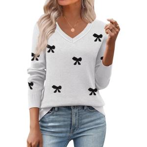 image:imageZeagoo Womens 2026 Fall V Neck Sweater Trendy Long Sleeve Casual Lightweight Ribbed Knit Pullover TopsBowknot White