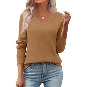 image:imageZeagoo Womens 2026 Fall V Neck Sweater Trendy Long Sleeve Casual Lightweight Ribbed Knit Pullover TopsBrown