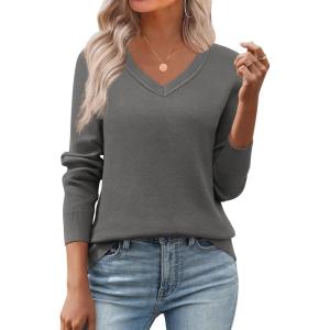 image:imageZeagoo Womens 2026 Fall V Neck Sweater Trendy Long Sleeve Casual Lightweight Ribbed Knit Pullover TopsDark Gray