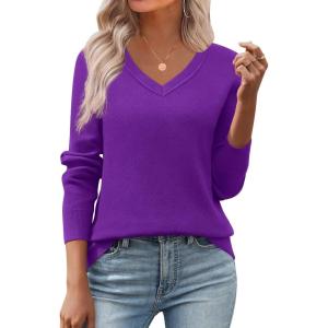 image:imageZeagoo Womens 2026 Fall V Neck Sweater Trendy Long Sleeve Casual Lightweight Ribbed Knit Pullover TopsDark Purple
