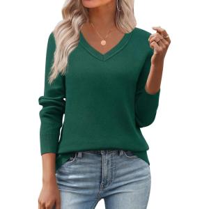 image:imageZeagoo Womens 2026 Fall V Neck Sweater Trendy Long Sleeve Casual Lightweight Ribbed Knit Pullover TopsGreen
