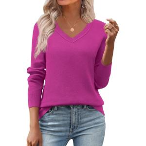 image:imageZeagoo Womens 2026 Fall V Neck Sweater Trendy Long Sleeve Casual Lightweight Ribbed Knit Pullover TopsHot Pink