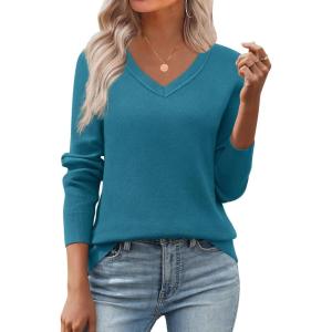 image:imageZeagoo Womens 2026 Fall V Neck Sweater Trendy Long Sleeve Casual Lightweight Ribbed Knit Pullover TopsLake Blue