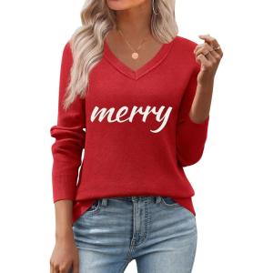 image:imageZeagoo Womens 2026 Fall V Neck Sweater Trendy Long Sleeve Casual Lightweight Ribbed Knit Pullover TopsMerry Chrismas