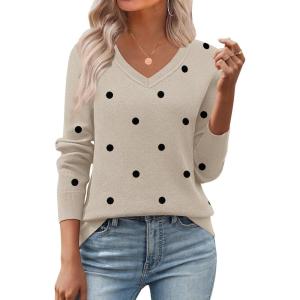 image:imageZeagoo Womens 2026 Fall V Neck Sweater Trendy Long Sleeve Casual Lightweight Ribbed Knit Pullover TopsPolka Dotkhaki