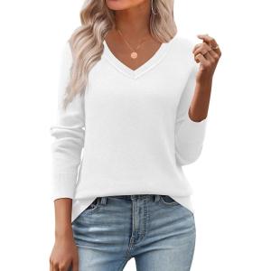 image:imageZeagoo Womens 2026 Fall V Neck Sweater Trendy Long Sleeve Casual Lightweight Ribbed Knit Pullover TopsWhite