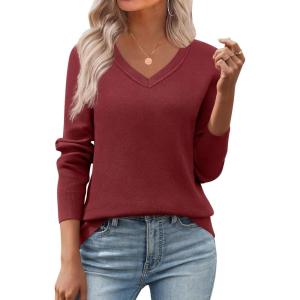 image:imageZeagoo Womens 2026 Fall V Neck Sweater Trendy Long Sleeve Casual Lightweight Ribbed Knit Pullover TopsWine Red