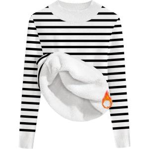 image:imageZeagoo Womens Fleece Sherpa Lined Sweater Mock Neck Long Sleeve Thermal Shirt 2026 Fall Winter Fuzzy Knit Jumper Tops SXXLWhite Black Stripe