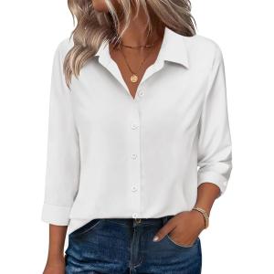 image:imageZeagoo Button Down Shirts for Women 34 Sleeve Tops V Neck Collared Blouses Business Casual Outfits S2XLWhite