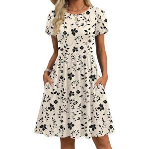 image:imageZeagoo Women Summer Dress 2026 Short Sleeve Aline Mini Dresses with Pockets Casual Swing Tshirt Dress Vocation Beach SundressBeige Print