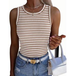 image:imageZeagoo Womens Sleeveless Crewneck Ribbed Tank Tops Casual Basic Summer Top Slim Fitted Racerback ShirtsB  Stripe Brown White