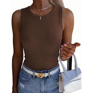 image:imageZeagoo Womens Sleeveless Crewneck Ribbed Tank Tops Casual Basic Summer Top Slim Fitted Racerback ShirtsBrown