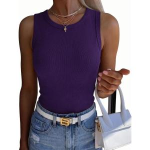 image:imageZeagoo Womens Sleeveless Crewneck Ribbed Tank Tops Casual Basic Summer Top Slim Fitted Racerback ShirtsDark Purple