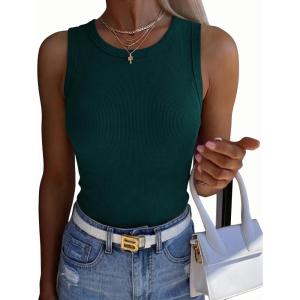 image:imageZeagoo Womens Sleeveless Crewneck Ribbed Tank Tops Casual Basic Summer Top Slim Fitted Racerback ShirtsDeep Green