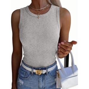 image:imageZeagoo Womens Sleeveless Crewneck Ribbed Tank Tops Casual Basic Summer Top Slim Fitted Racerback ShirtsLight Grey