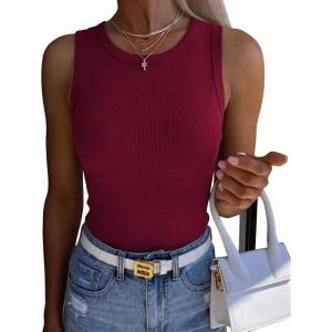 image:imageZeagoo Womens Sleeveless Crewneck Ribbed Tank Tops Casual Basic Summer Top Slim Fitted Racerback ShirtsWine Red