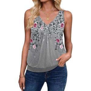 image:imageZeagoo Womens Tank Tops Loose Fit V Neck Ruched Sleeveless Tops Casual Basic Banded Shirts SXXLGrey Pink Floral