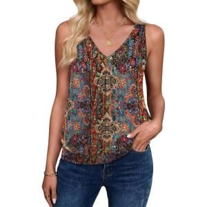 image:imageZeagoo Womens Tank Tops Loose Fit V Neck Ruched Sleeveless Tops Casual Basic Banded Shirts SXXLYellow Red Green Floral