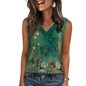 image:imageZeagoo Tank Top for Women V Neck Loose Fit Sleeveless Summer Tops Business Casual Outfits Dressy Blouses ShirtsGreen Flowersmz839