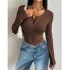image:imageZeagoo Womens 2025 Summer Fall Long Sleeve Henley T Shirts Button Ribbed Knit Slim Fit Casual Basic Tops BlouseBrown