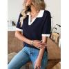 image:imageZeagoo Womens Short Sleeve Polo Sweater V Neck Knitted Spring Casual Work Tops Loose Pullover ShirtNavy White
