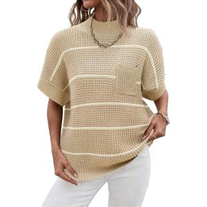 image:imageWomen 2026 Sweater Vest Mock Neck Batwing Short Sleeve Oversized Ribbed Knit Tops Fall Pullover Sweater SXXLApricot White Stripe