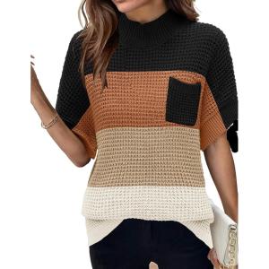 image:imageWomen 2026 Sweater Vest Mock Neck Batwing Short Sleeve Oversized Ribbed Knit Tops Fall Pullover Sweater SXXLBlack White Brown Striped