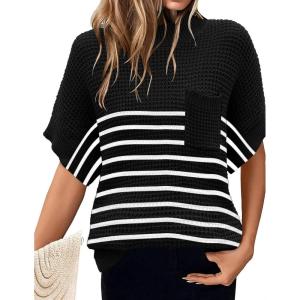 image:imageWomen 2026 Sweater Vest Mock Neck Batwing Short Sleeve Oversized Ribbed Knit Tops Fall Pullover Sweater SXXLBlack White Small Stripe