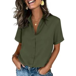 image:imageZeagoo Button Down Shirts for Women Short Sleeve Collared Tops Dressy Casual V Neck BlousesArmy Green
