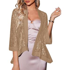 image:imageZeagoo Kimono Cardigans for Women 34 Sleeves Open Front Lightweight Shrug Lace Bolero for Evening DressesKhaki