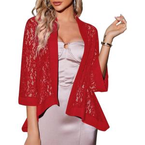 image:imageZeagoo Kimono Cardigans for Women 34 Sleeves Open Front Lightweight Shrug Lace Bolero for Evening DressesRed