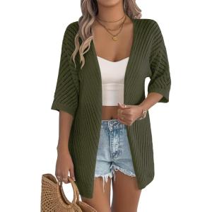 image:imageZeagoo Lightweight Summer Cardigan for Women Short Sleeve V Neck Crochet Kimonos Loose Open Front Hollow Out Cover UpsArmy Green