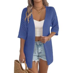 image:imageZeagoo Lightweight Summer Cardigan for Women Short Sleeve V Neck Crochet Kimonos Loose Open Front Hollow Out Cover UpsBlue
