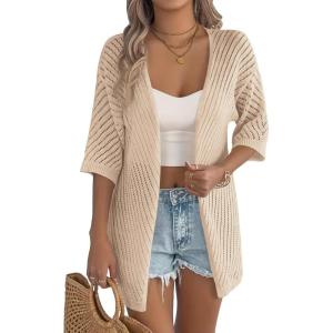 image:imageZeagoo Lightweight Summer Cardigan for Women Short Sleeve V Neck Crochet Kimonos Loose Open Front Hollow Out Cover UpsKhaki