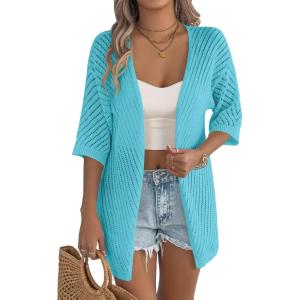 image:imageZeagoo Lightweight Summer Cardigan for Women Short Sleeve V Neck Crochet Kimonos Loose Open Front Hollow Out Cover UpsTeal