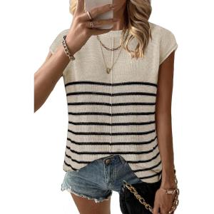 image:imageZeagoo Sleeveless Tops for Women Crew Neck Knit Cute Summer Sweaters Stripes Cream XLarge