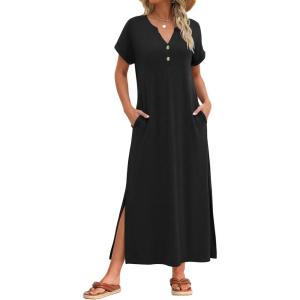 image:imageZeagoo Summer Dresses for Women 2026 Maxi Dresses Vacation Sundress Short Sleeve Casual Sundresses Split Dress with PocketsAblack