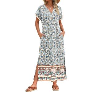 image:imageZeagoo Summer Dresses for Women 2026 Maxi Dresses Vacation Sundress Short Sleeve Casual Sundresses Split Dress with PocketsAfloralmz914