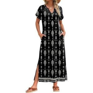 image:imageZeagoo Summer Dresses for Women 2026 Maxi Dresses Vacation Sundress Short Sleeve Casual Sundresses Split Dress with PocketsAfloralmz921
