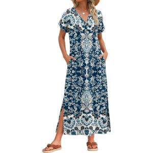 image:imageZeagoo Summer Dresses for Women 2026 Maxi Dresses Vacation Sundress Short Sleeve Casual Sundresses Split Dress with PocketsAfloralmz924