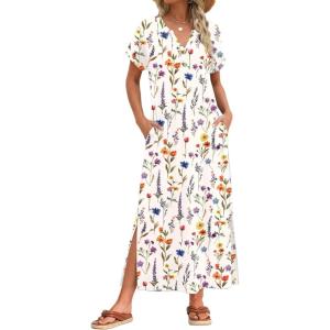 image:imageZeagoo Summer Dresses for Women 2026 Maxi Dresses Vacation Sundress Short Sleeve Casual Sundresses Split Dress with PocketsAfloralwf109