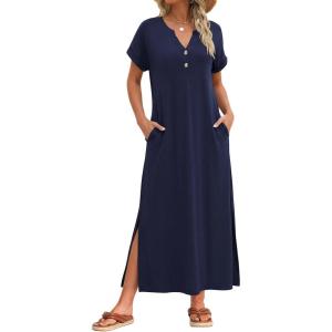 image:imageZeagoo Summer Dresses for Women 2026 Maxi Dresses Vacation Sundress Short Sleeve Casual Sundresses Split Dress with PocketsBlue