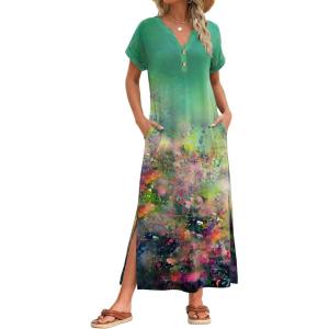 image:imageZeagoo Summer Dresses for Women 2026 Maxi Dresses Vacation Sundress Short Sleeve Casual Sundresses Split Dress with PocketsFloralcx322