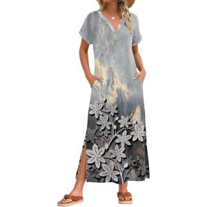 image:imageZeagoo Summer Dresses for Women 2026 Maxi Dresses Vacation Sundress Short Sleeve Casual Sundresses Split Dress with PocketsFloralsf312